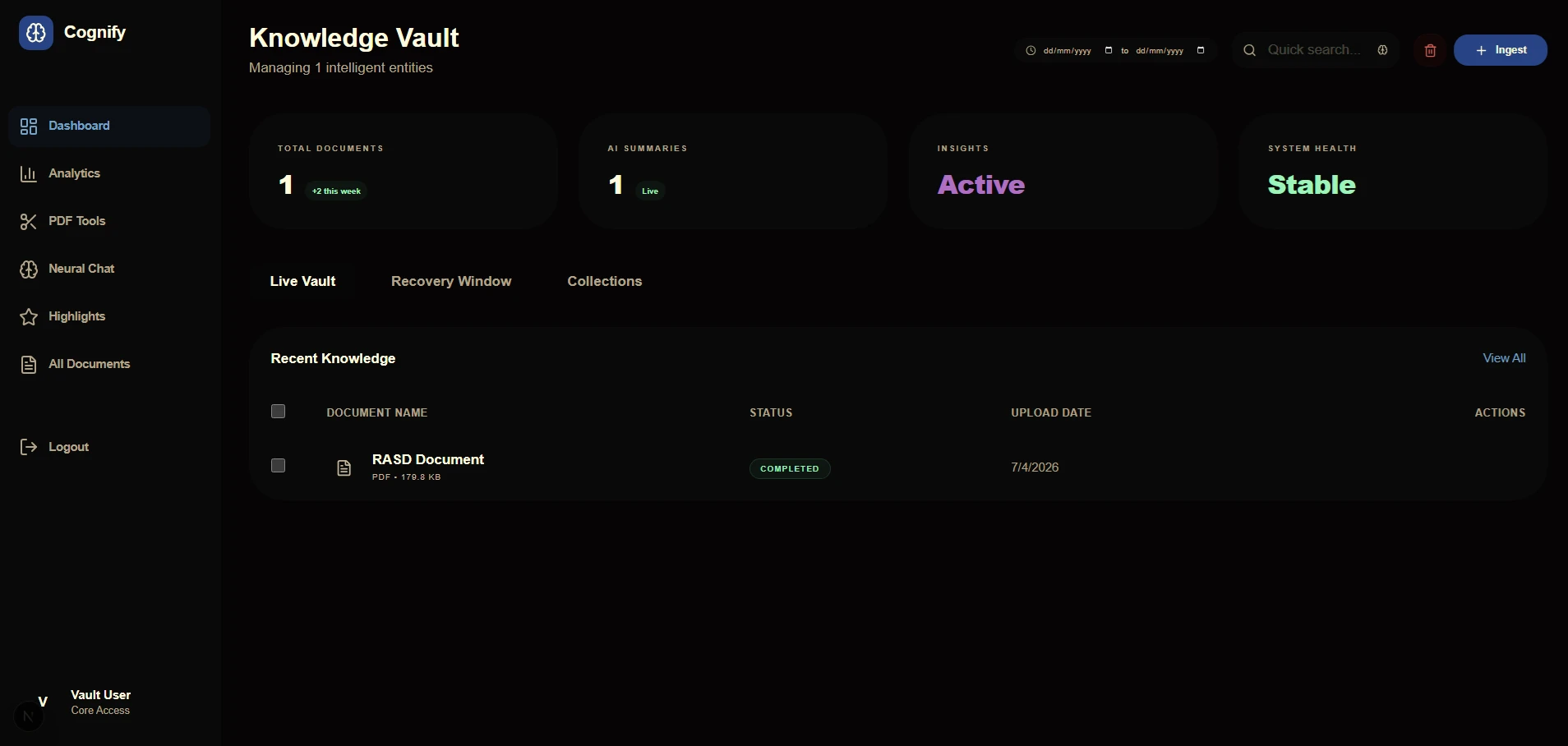Cognify knowledge vault dashboard