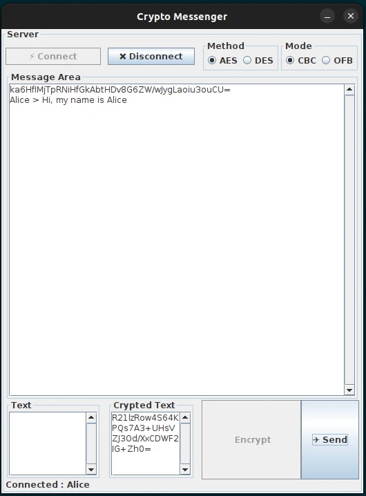 CryptMe Swing chat client with username, encryption mode, and messaging controls