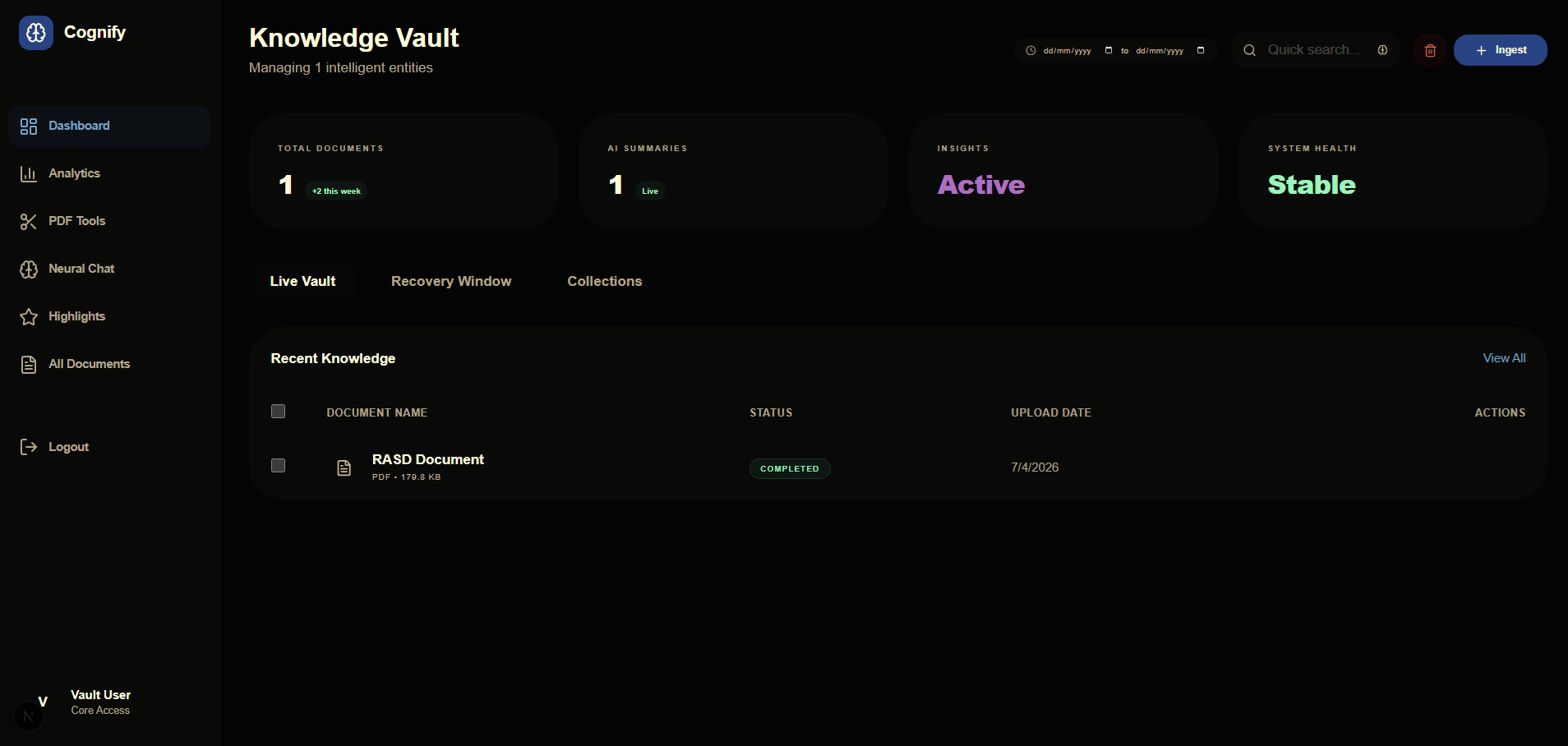 Cognify knowledge vault dashboard